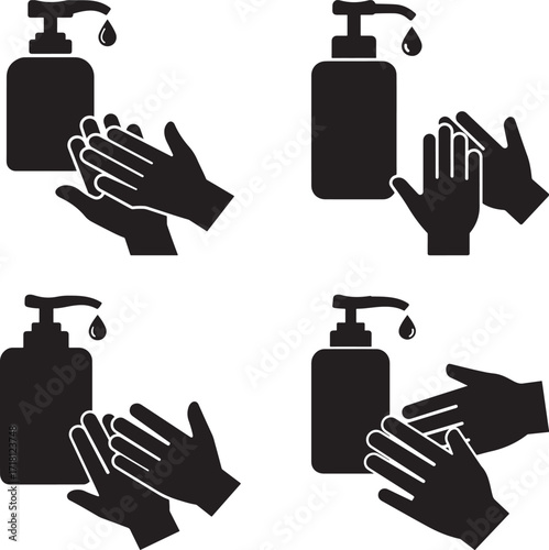 Four step process of washing hands with soap dispenser silhouette