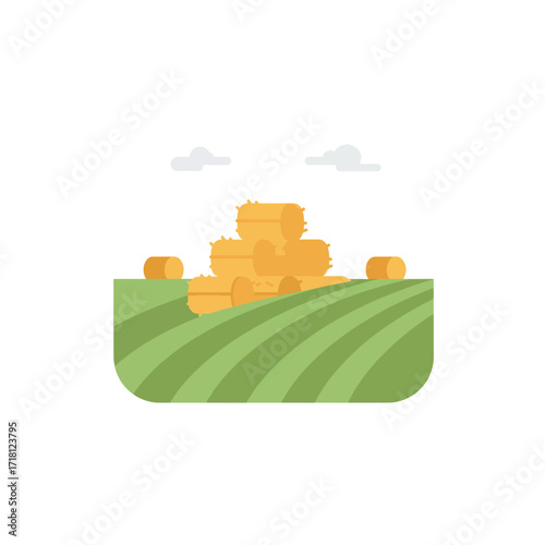 Golden Hay Bales Stacked on a Green Farm Field.