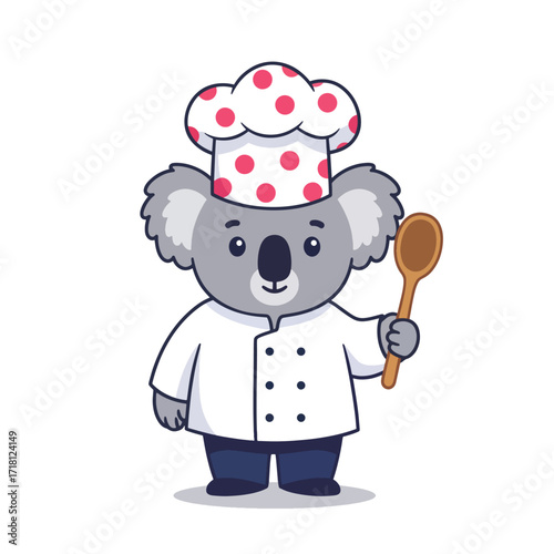 Cute Koala Chef Character Wearing Chef Hat and Uniform Holding Wooden Spoon.