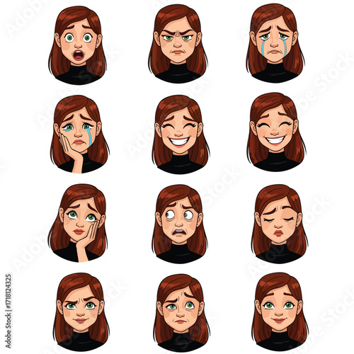 A set of twelve diverse facial expressions of a young cartoon woman with brown hair showing a range of emotions.