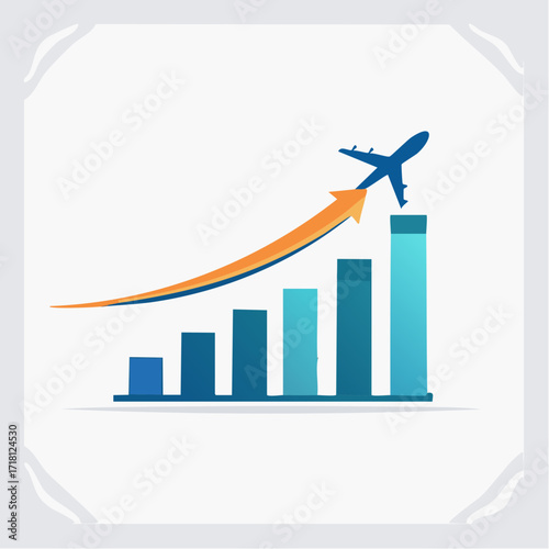 An upward trending bar graph with an airplane soaring above the highest bar, symbolizing growth and success in the aviation industry.