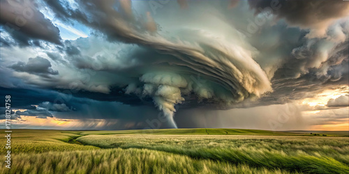 A powerful storm system forms with swirling clouds and a visible funnel near the ground. The setting sun casts a warm glow on the fields below while rain starts to fall in the distance