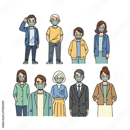 Collection of diverse cartoon characters men and women of all ages wearing medical face masks.