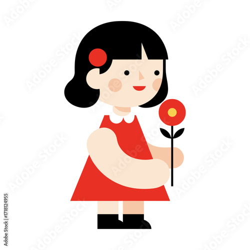 Smiling little girl with black hair in red dress holding a flower with happy mood for childhood, innocence and spring