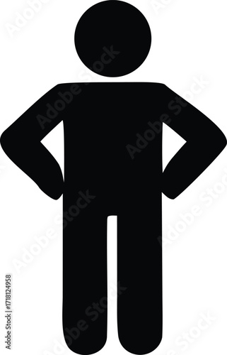 Simple black silhouette of a standing person with hands on hips iconic figure graphic element universal symbol