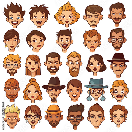 Collection of diverse cartoon character faces showing various emotions hairstyles and accessories.