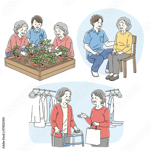 Collection of illustrations showing senior lifestyle eldercare and daily activities for the elderly.