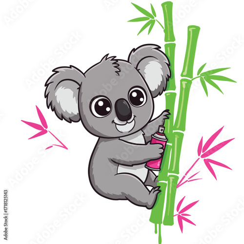 Cute cartoon koala climbing bamboo with spray can.