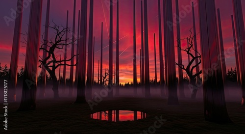 Crimson Twilight Forest of Abstract Pillars