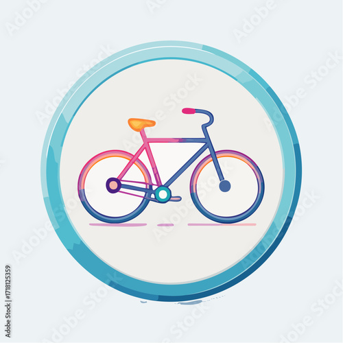 A colorful, stylized bicycle icon with a gradient frame, set within a glossy blue circular border on a light background.