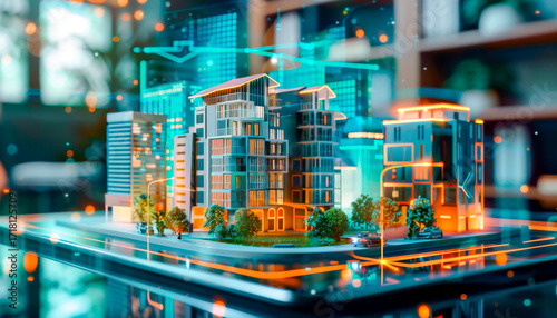 Futuristic city model with digital overlay and modern buildings