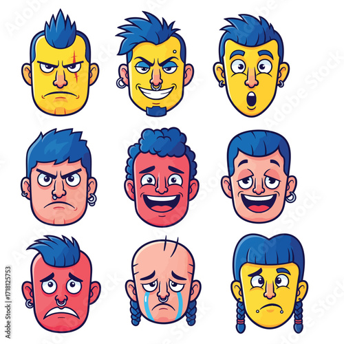 Set of cartoon punk character heads with diverse hairstyles piercings and a range of emotional facial expressions.