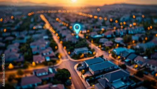 Location pin above suburban neighborhood at sunset