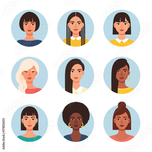 Set of diverse female portraits in circular icons representing multicultural women.