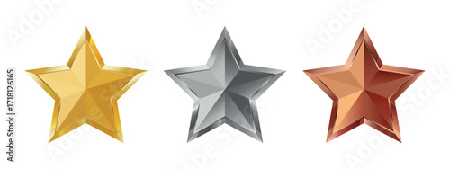 Set of golden, silver and bronze 3D stars. The vectors are isolated on a white background.