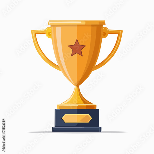 Gold trophy cup with star on a blue base, vector illustration.