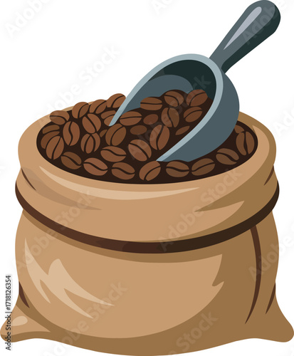 Isolated Cartoon Vector Illustration of a Burlap Sack Filled with Fresh Roasted Coffee Beans and a Metal Scoop