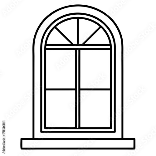 Simple line drawing of an arched window with pane design  