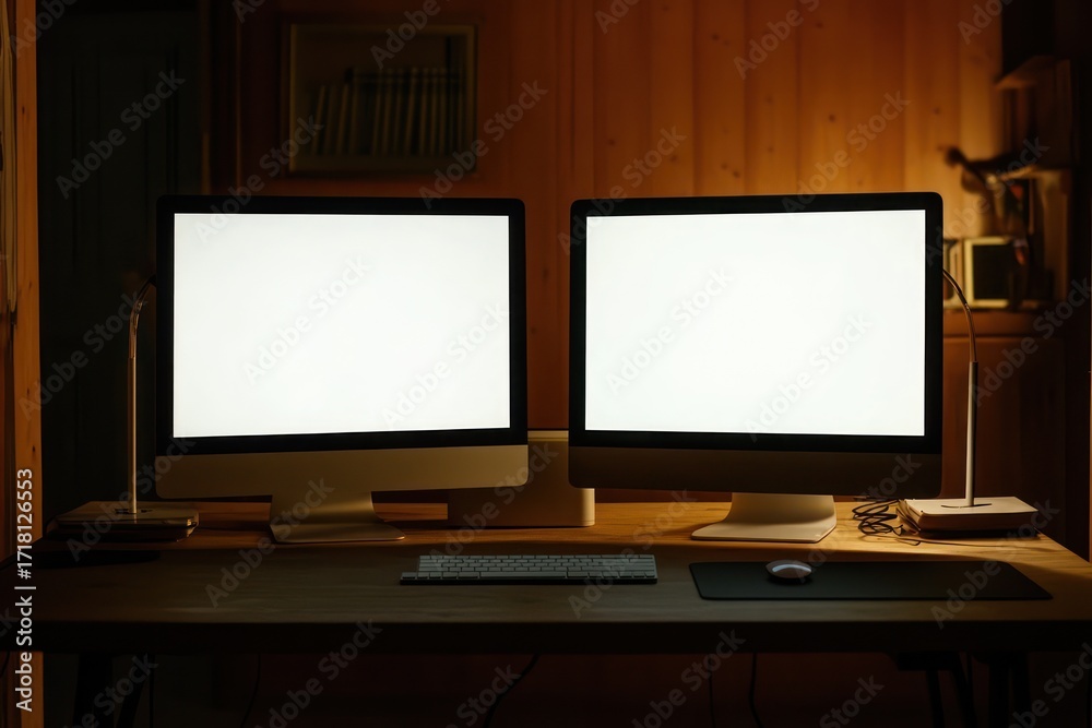 Fototapeta premium Two computer screens mockup on office desk