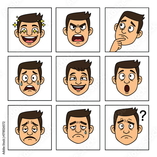 Set of nine cartoon male character faces showing a range of different emotions.