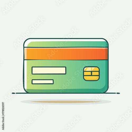 A stylized vector illustration of a green credit card with an orange stripe and a chip.