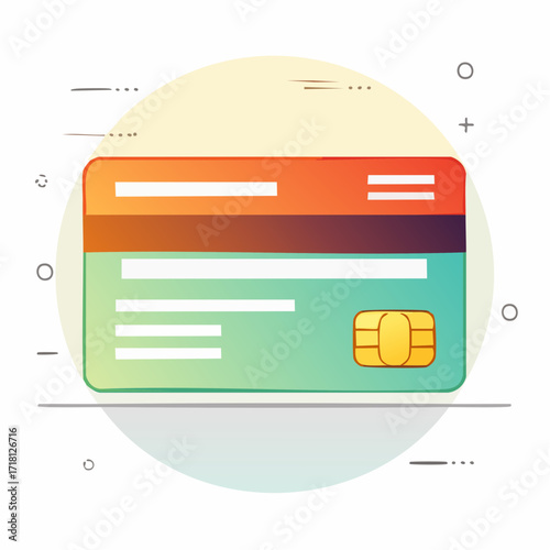 A stylized illustration of a credit card with a chip, featuring a gradient of orange, red, and green colors against a soft yellow and grey circular background.