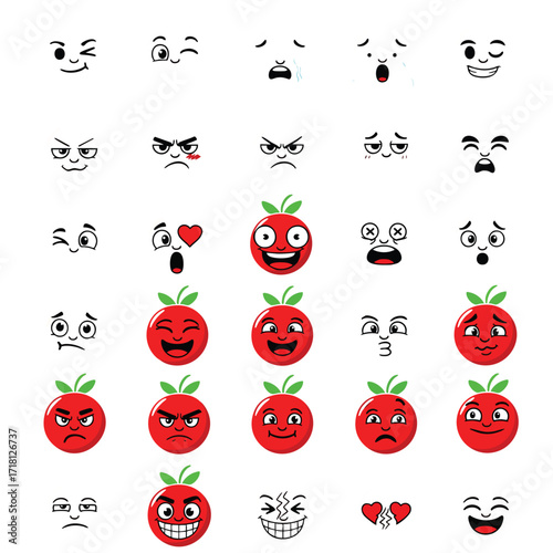 Vector set of cartoon facial expressions and cute red tomato character emoticons with various emotions.