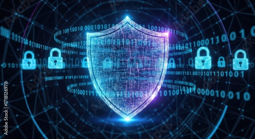 Digital Shield: Cyber Security Protection with Binary Code and Padlocks