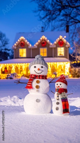 Two snowmen in front of a decorated house at night