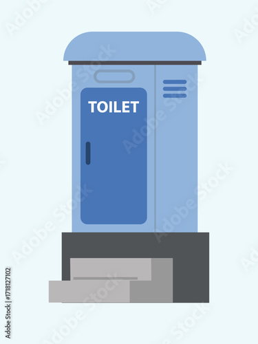 A simple illustration of a portable toilet, blue in color, with steps leading up to the entrance.
