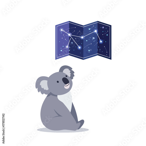 Cute koala looking at a star map constellation.
