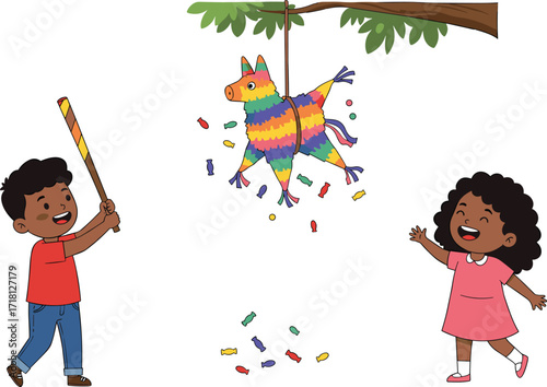Happy children playing with colorful piñata at outdoor party celebration, kids enjoying fun activity with candy, sweets, excitement and laughter.
