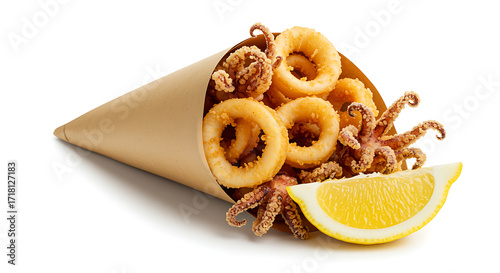 Fried Calamari Rings and Tentacles in Paper Cone with Lemon Slice