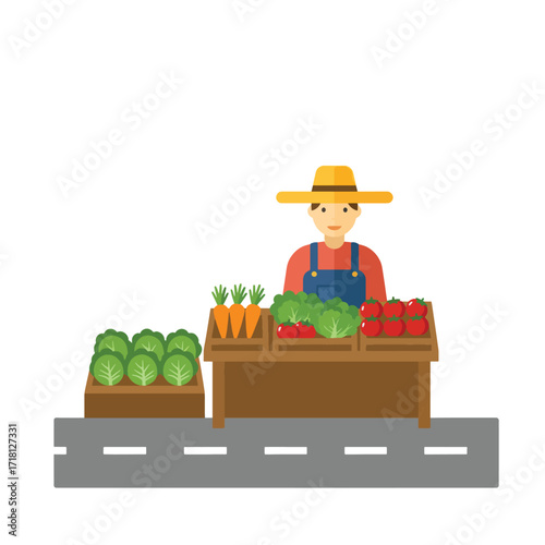 Farmer selling fresh vegetables at a roadside stall.