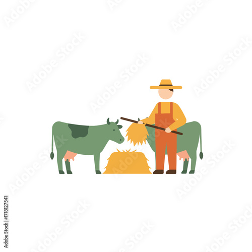 Farmer feeding cows with hay on a farm.