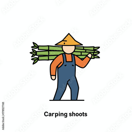 Farmer carrying harvested bamboo shoots on his shoulder.