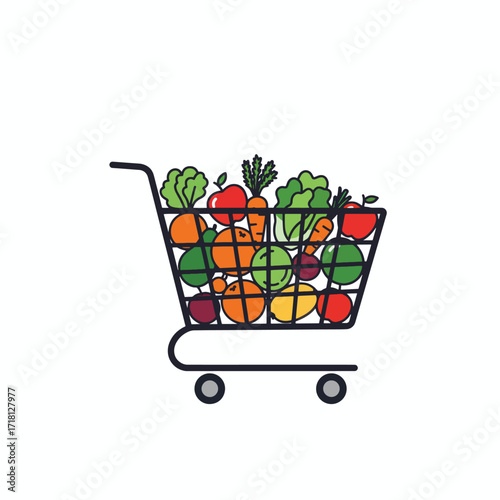Shopping cart filled with fresh colorful fruits and vegetables illustration.