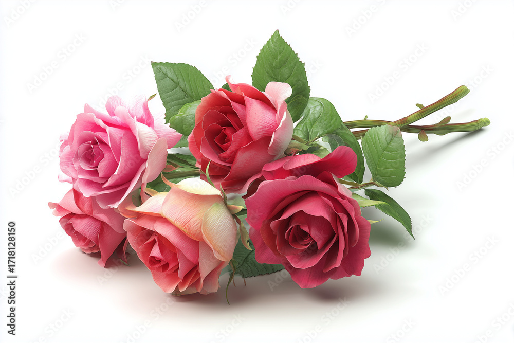 Naklejka premium A small posy of roses, 3D render, isolated on a white background.