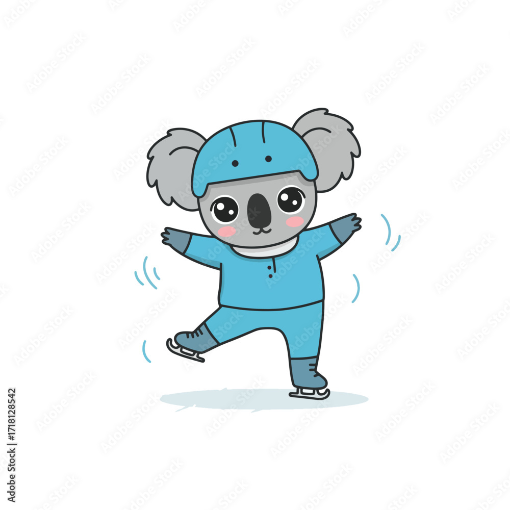Fototapeta premium Cute cartoon koala character ice skating wearing a blue helmet and suit.