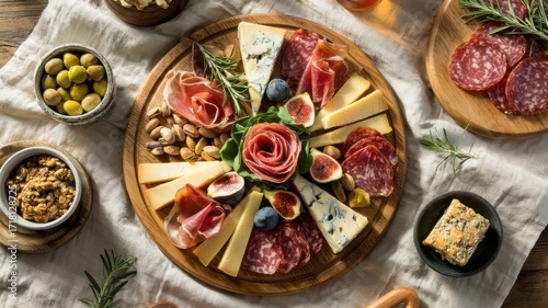 Charcuterie board with artisan meats, aged cheeses, fresh figs and rosemary on circular wooden platter with elegant overhead presentation
