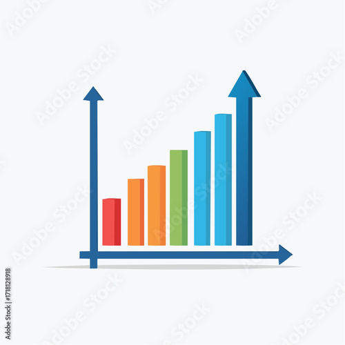 A colorful bar chart with increasing columns and an upward arrow, symbolizing growth, success, and progress.