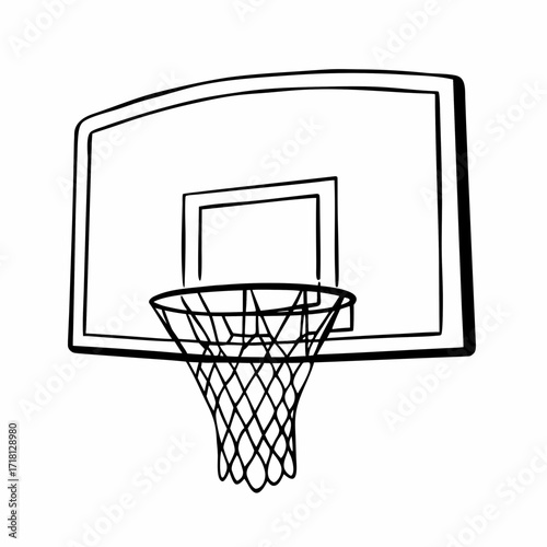 Simple line drawing of a basketball hoop and net  