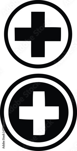 Two contrasting circular cross symbols one black cross on white inside black circle other white cross on black inside white circle
