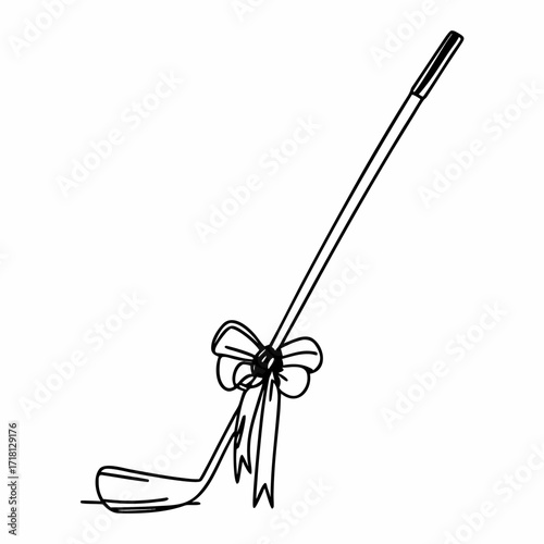 A golf club with a gift bow tied around the handle, in a simple linear style.