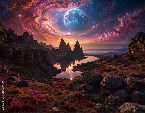 Fantasy landscape with moon and a cosmic sky