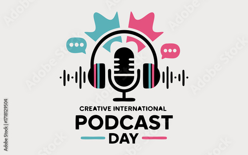 Modern Podcast Day Graphic: Headphones, Microphone, Sound Waves, Celebratory Design