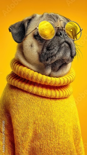 Pug wearing yellow sweater and sunglasses poses against vibrant yellow background