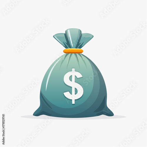A stylized illustration of a teal money bag with a white dollar sign on a plain white background.