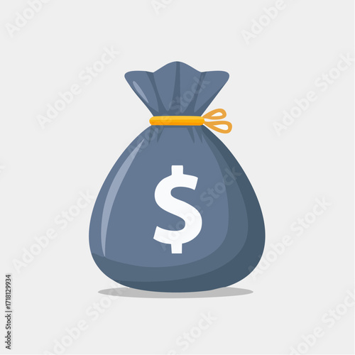 Illustration of a blue money bag with a white dollar sign, tied with a yellow string.