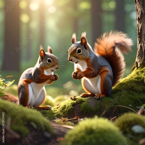 Two squirrels sharing a treat in a forest